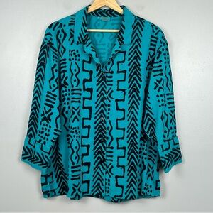Tianello teal & black Aida mud print 3/4 sleeve button front shirt, medium.